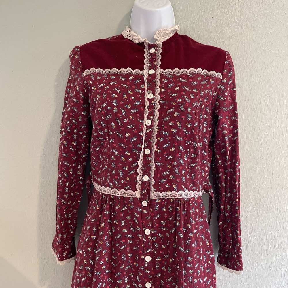 1970s Gunne Sax Prairie Dress Red Calico Floral Long Sleeve Midi Cottage Sz 9/10 - Picture 5 of 11